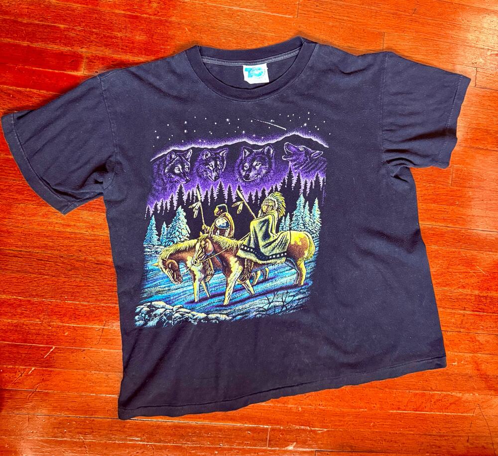 Vintage 90s Tourchamp Black Blue Horse Indigenous Single Stitch Tee Large TShirt